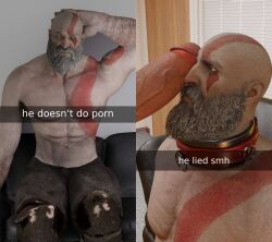 3d artist_request audition bald bald_man bara big_penis boner daddy dilf erect_penis erection god_of_war hair hairy kratos male male/male male_only multiple_males muscular muscular_male penis_on_face pornography txddy3d