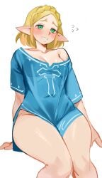 2022 blonde_hair blush boyfriend_shirt cleavage crown_braid green_eyes looking_at_viewer loose_shirt medium_breasts nia_(nia4294) nintendo pointy_ears princess_zelda shirt_only short_blonde_hair short_hair smile tears_of_the_kingdom the_legend_of_zelda thick_thighs white_background zelda_(tears_of_the_kingdom)