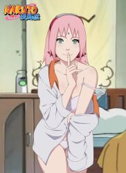 1girls after_sex baggy_clothing baggy_topwear bangs bare_shoulders barely_clothed bedroom bra breasts cleavage collarbone facial_mark female female_only forehead_mark green_eyes hairband indoors jack_.mery jacket long_hair looking_at_viewer midriff naruto naruto_(series) naruto_shippuden off_shoulder panties petite petite_body pink_hair sakura_haruno shushing smile solo solo_focus underwear