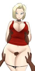 android_18 big_breasts blonde_hair dark-skinned_male dragon_ball groping gtsn17 interracial queen_of_spades thong