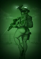 1girls ass boots brown_hair dark-skinned_female dark_skin helmet hip_grab mk001black night night_vision night_vision_goggles original original_character outdoors plate_carrier reese_(mk001black) rifle solo thick_thighs