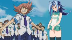 1girls bad_edit blue_hair blush bryanjoel dntks edit female kamishiro_rio legwear looking_forward male multiple_boys red_eyes rio_kamishiro school_uniform skirt skirt_up smile xd yu-gi-oh! yu-gi-oh!_zexal