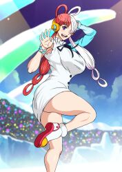 1girls big_breasts blush bracelet busty female female_only looking_at_viewer multicolored_hair naruho one_piece purple_eyes red_and_white_hair red_hair smile smiling_at_viewer uta_(one_piece) voluptuous voluptuous_female white_dress white_hair