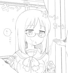 1girls 2boys after_fellatio blowjob censored cum eyewear fellatio glasses greyscale handjob henyaan_(oreizm) japanese_text large_breasts minakami_mai monochrome mosaic_censoring nichijou penis school_uniform sketch small_penis text threesome