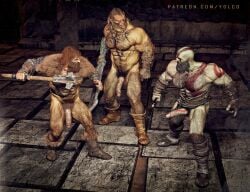 bald bald_man bara big_penis daddy dilf god_of_war hair hairy hairy_ass kratos magni_(god_of_war) male male/male male_only modi_(god_of_war) multiple_males muscular muscular_male nude standing threesome yolco