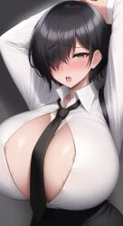 ai_generated black_hair button_down_shirt ember_blaine_(oc) hair_over_one_eye horny huge_breasts original_character popped_buttons short_hair stable_diffusion suspenders sweat tie