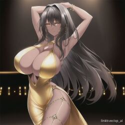 1girls 2d ai_generated armpits bangs black_hair cleavage clothed clothing color dress female female_only gold_dress huge_breasts long_hair minidress op_ai tan-skinned_female tan_skin text underboob url watermark yellow_eyes