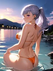 1girls ai_generated ass back big_ass big_breasts bikini black_clover breasts looking_at_viewer mrvectorpath noelle_silva purple_eyes silver_hair thick_thighs twintails wet