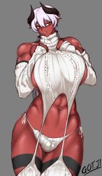 1futa balls big_breasts breasts bulge clothed clothing demon demon_girl detached_sleeves flaccid futa_only futanari gojich1 horns humanoid mostly_nude muscular muscular_futanari oc original penis pointy_ears red_skin solo standing sweater thick_thighs virgin_destroyer_sweater virgin_killer_sweater white_hair wide_hips