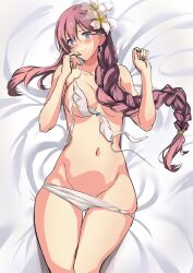 1girls blue_eyes emma_millstein excaliblader flower flower_in_hair laying_on_bed nude nude_female pink_hair sen_no_kiseki shy trails_of_cold_steel white_background