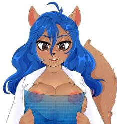 blue_hair breasts breasts breasts doctor female female girl komixxy lab_coat labcoat scientist scrubs squirrel