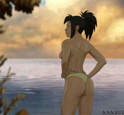 1girls anaxus arms_at_sides artist_name ass ass_focus avatar_the_last_airbender back_view backboob beach blurry_background breasts casual_topless female_only jin_(avatar) leafs medium_ass medium_breasts public_topless questionable rear_view seaside sideboob solo standing sunrise swimsuit thong thong_onlly three-quarter_portrait