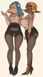 2girls ass asymmetrical_hair blue_hair breast_size_difference breasts chocolate_and_vanilla clothed dark-skinned_female dark_skin female frye_(splatoon) hair_over_one_eye heels high_heels huge_breasts inkling large_ass large_breasts light-skinned_female light_skin long_legs nintendo octoling shiver_(splatoon) small_breasts splatoon splatoon_(series) splatoon_3 tentacle_hair thick_thighs tight_clothing yellow_hair yuta_agc