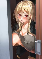 1boy 1girls answering_door big_breasts blush character_request cheating cheating_(relationship) cuck cuckold dark-skinned_male dark_skin doorway flustered grabbing_breasts in_doorway light-skinned_female light_skin netorare ntr opening_door original paya8 stealth_sex sweating