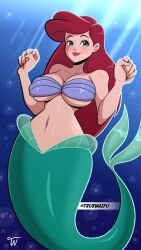 1girls 2d ariel belly_button big_breasts bikini bikini_top breasts disney disney_princess eyebrows eyelashes eyes female female_only full_color green_hair hair hartman_hips hips hourglass_figure jpeg large_breasts long_hair mermaid mermaid_girl mermaid_tail no_penetration ocean red_hair sea seashell_bra shell_bikini signature slim slim_girl slim_waist solo solo_female the_little_mermaid thick_mermaid_hips truewaifu underwater water wide_hips