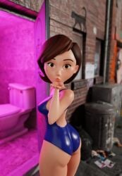 1girls 3d 3d_(artwork) alley ass aurora_polites big_eyes blender blender_(software) blowing_kiss brick_wall casual_one-piece_swimsuit disney door elastigirl female helen_parr looking_at_viewer non-nude pixar puckered_lips shiny_clothes skimpy smooth_skin swimsuit the_incredibles toilet trash trash_bag