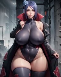 1girls adapted_costume ai_generated akatsuki_(naruto) bare_shoulders bare_thighs big_breasts blue_hair breasts cameltoe child_bearing_hips cloak cloud_print collarbone flower flower_in_hair front_view hair_ornament huge_breasts konan kw0337 large_breasts leotard long_hair makeup mascara mature mature_female naruto naruto_(series) naruto_shippuden off_shoulder open_clothes orange_eyes pinup plump revealing_clothes solo solo_focus stockings thick_thighs thighhighs thunder_thighs voluptuous voluptuous_female walking walking_towards_viewer wide_hips zipper