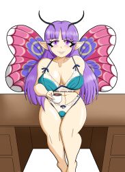 antennae blue_bra blue_panties lingerie mojiuwu moth purple_eyes purple_hair wings