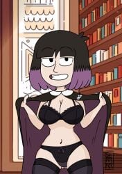 big_breasts black_bra black_cape black_eyes black_hair black_panties black_thong black_underwear bra breasts cape hilda_(series) kaisa_(hilda) large_breasts looking_at_viewer navel pale-skinned_female pale_skin panties purple_cape purple_hair smile smiling smiling_at_viewer sr_r18nsfw thighhighs thighs thong two_tone_cape two_tone_hair underwear voluptuous voluptuous_female wide_hips