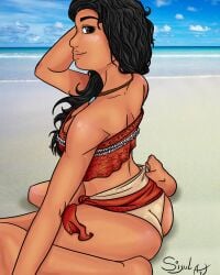 ass barefoot beach dark-skinned_female disney disney_princess feet looking_at_viewer looking_back moana moana_waialiki panties sitting sixul_world text