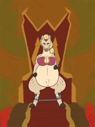 adult_swim anthro belly_overhang breasts cartoon_network chair chud cleavage cleavage_cutout clothed clothing equid equine female furniture hi_res holding_belly hoof_hands horse lace_stockings looking_at_viewer makeup mammal obese overweight painted_background partially_clothed poñeta ponietta pregnant restraints rick_and_morty sitting sitting_on_throne solo spreader_bar throne veiled_lioness