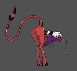 ass bottomless charbold clothed clothing demon digital_media_(artwork) digitigrade fan_character hair helluva_boss hooves horn humanoid imp looking_at_viewer male raised_tail rear_view red_body red_sclera shirt simple_background solo spade_tail tail topwear yellow_eyes