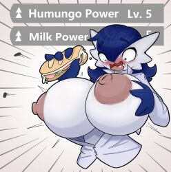 anthro anthro_only areola big_breasts blue_hair blush breasts breasts_bigger_than_head clothing eating erect_nipples expansion exposed_breasts female food gardevoir generation_3_pokemon hair hi_res huge_breasts humanoid large_breasts nintendo nipples open_mouth pokémon_(species) pokemon pokemon_(species) sandwich_(food) simple_background solo surprise surprised_expression wardrobe_malfunction