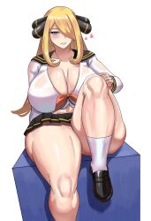 blonde_hair breasts_bigger_than_head cynthia_(pokemon) female game_freak huge_breasts long_hair meaty_thighs nintendo one_eye_covered pokemon pokemon_dppt school_uniform skirt tagme thigh_pussy venus_body voluptuous ytrall