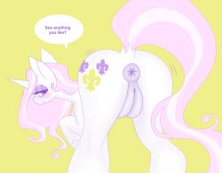 absurd_res animal_genitalia animal_pussy anus ass ass_up blush blush_lines cutie_mark dialogue equid equine equine_anus equine_genitalia equine_pussy female feral fleur_de_lis_(mlp) friendship_is_magic genitals hair hasbro hi_res horn looking_at_viewer looking_back mammal my_little_pony odadjian pink_hair plump_labia presenting presenting_anus presenting_hindquarters presenting_pussy puffy_anus pussy shaking_butt smile solo speech_bubble unicorn unicorn_horn white_body