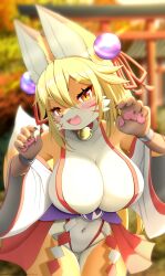 2021 5_fingers absurd_res accessory adorable anthro asian_clothing bell big_breasts blonde_hair blush breasts brown_nose canid canine cheek_tuft choker claws cleavage clothed clothing cute cute_face cute_fangs digital_media_(artwork) dipstick_ears dipstick_tail east_asian_clothing eyelashes facial_markings facial_tuft faroula_twitt female female_anthro female_only finger_claws fingers fluffy fluffy_tail fox fur hair hair_accessory head_markings hi_res huge_breasts japanese_clothing japanese_description jewelry jingle_bell kemono long_hair looking_at_viewer mammal markings miko_outfit multicolored_body multicolored_ears multicolored_fur multicolored_tail navel necklace open_mouth orange_body orange_fur outside pawpads plant portrait pupils shrine_maiden slit_pupils solo solo_female tail tail_markings text three-quarter_portrait tongue torii translated_description tree tuft two_tone_body two_tone_fur watermark white_body white_fur wristband