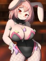 :3 adorable anthro banknote bent_ears big_breasts blush bow_tie breasts clothed clothed_anthro clothed_female clothing cute cute_face eyebrows eyelashes faroula_twitt female female_anthro female_only fingers fishnet fishnet_legwear fur hair hi_res kemono lagomorph legwear leporid looking_at_viewer mammal money pink_hair rabbit red_eyes shirt_collar shirt_cuffs smile solo solo_female