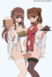 2futas :d asymmetrical_docking balls ballsack bangs bar_censor blue_background blush breast_press breasts brown_eyes brown_hair censored chinese_clothes cleavage clothed clothing dress earrings feather_boa flaccid flaccid_penis foreskin foreskin_folds functionally_nude futa futa_only futanari gloves highres human intact inverted_nipples jewelry light-skinned_futanari light_skin long_foreskin long_hair mostly_clothed multiple_girls navel open_mouth original pelvic_curtain penis retracted_foreskin scrotum shaved_crotch simple_background small_penis smile smooth_penis solo_focus testicles thighhighs uncut unretracted_foreskin variant_set white_gloves white_thighhighs yasumi yasumi22842620