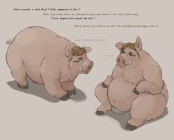 blonde_hair clothing domestic_pig english_text eyewear feral glasses hair hayhorse hi_res human_to_feral male mammal slightly_chubby snout solo species_transformation suid suina sus_(pig) text transformation tusks underwear