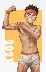 1boy 2023 abs absurdres beitemian blush brown_hair bulge flexing headband highres male male_focus male_only male_underwear new_year orange_eyes orange_headband original skinny solo solo_male sweatband underwear white_male_underwear