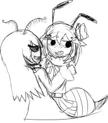 2girls antennae female female_only funamusea holding ico_(funamusea) implied_sex lesbian_sex mitsuki_(funamusea) poison_bugs sketch trueoculus vile_eyes yuri