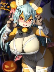 3:4 adorable anthro big_breasts blush breasts canid canine clothed clothing cute cute_face faroula_twitt female female_anthro female_only fingers food fox fruit fur hair halloween hi_res holidays kemono looking_at_viewer mammal plant pumpkin smile solo solo_female