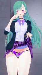 1girls 3d big_breasts black_nails blush female female_only green_hair koikatsu large_breasts light-skinned_female light_skin looking_at_viewer panties presenting_panties purple_eyes ranbunekomusou seductive showing_panties skirt_lift solo virtual_youtuber vspo! yakumo_beni