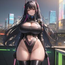 1girls absolute_territory ai_generated areolae ass_visible_through_thighs big_breasts black_hair boob_window breasts breasts_bigger_than_head cameltoe cleavage cleavage_cutout cleavage_window cyberpunk female female_only hartman_hips hips hourglass_figure large_breasts latex leotard medium_hair ribbsemporium solo stable_diffusion thick_thighs thigh_gap thighs thunder_thighs thunderthighs tight_clothing wide_hips