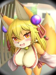 3:4 absurd_res adorable anthro big_breasts blonde_hair blush breasts brown_body brown_fur canid canine cheek_tuft cleavage clothed clothing cute cute_face cute_fangs dipstick_ears dipstick_tail facial_tuft faroula_twitt female female_anthro female_only fisheye_lens fox fur hair happy hi_res inner_ear_fluff kemono looking_at_viewer mammal markings multicolored_body multicolored_ears multicolored_fur nipple_outline open_mouth open_smile orange_body orange_fur pupils slit_pupils smile solo solo_female tail tail_markings tongue translated_description tuft white_body white_fur