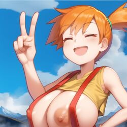 1girls ai_generated alternate_breast_size breasts_out closed_eyes exhibitionism female female_only happy huge_breasts kasumi_(pokemon) mountain nipple_slip nipples open_mouth orange_hair pokemon screenshot_edit sea sky sleeveless smiling solo suspenders victory victory_pose