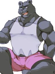 2023 anthro arufina_w barazoku black_body black_nose bulge closed_eyes clothing felid genital_outline hi_res kemono male mammal muscular muscular_male pantherine penis_outline shirt solo topwear underwear