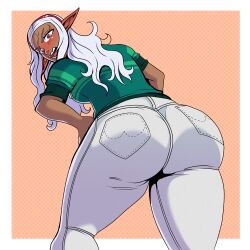 1girls ass ass_focus big_ass blush bottom_heavy breasts bubble_butt curvy dark-skinned_female dark_elf dark_skin dat_ass dual_dragon elf elf-san_wa_yaserarenai embarrassed female from_behind hands_on_hips huge_ass humanoid jeans kuroeda long_hair pointy_ears red_eyes shirt simple_background thick_thighs tight_pants white_hair wide_hips