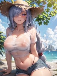 1girls 2023 ai_generated anime_nose booty_shorts breasts female genshin_impact hair_over_one_eye hat hips huge_breasts jean_shorts large_breasts large_hat light-skinned_female light_skin long_hair mommy outdoors shenhe_(genshin_impact) short_shorts shorts smile stable_diffusion straw_hat sun_hat thick_thighs thighs thong_straps wet_clothes wet_t-shirt white_hair wide_hips