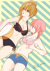 2girls age_difference ajikana alternate_costume beachball bikini bikini_top black_bikini breast_envy breast_grab brown_hair canon_genderswap cleavage comparing dutch_angle female female_only frilled_bikini frills genderswap_(mtf) gintama grabbing_own_breast kagura_(gintama) medium_breasts multiple_girls okita_sougo okita_souko orange_hair pink_bikini_top ponytail red_eyes rule_63 shorts side-tie_bikini small_breasts swimsuit swimwear teenage_girl teenager twintails