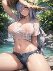 1girls ai_generated booty_shorts breasts female genshin_impact hair_over_one_eye hat hips huge_breasts jean_shorts large_breasts large_hat light-skinned_female light_skin long_hair mommy outdoors shenhe_(genshin_impact) short_shorts shorts smile stable_diffusion sun_hat thick_thighs thighs wet_t-shirt white_hair wide_hips