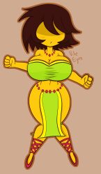 1girls artist_name artist_signature belly_dancer bikini breasts brown_hair cleavage clenched_hands clothing covered_eyes deltarune female female_human female_only hair_over_eyes huge_breasts human human_only kris_(deltarune) kris_female_(deltarune) large_breasts legs_together_feet_apart loincloth looking_at_viewer navel necklace open_mouth pink_footwear pinup revealing_clothes seductive_pose short_hair simple_background solo solo_female solo_human standing straight_hair stretched_clothing thick_thighs thighs undertale_(series) vile_eyes wide_hips yellow-skinned_female yellow-skinned_human yellow_skin