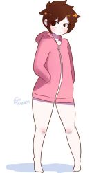 anime_dork_boyfriend_meme blush brown_eyes brown_hair femboy knee_blush pearltearizzy pink_hoodie white_skin zipper