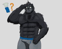 1boy 2023 abs amduscias_(tokyo_afterschool_summoners) anthro assassinfenrir black_body black_fur bulge canid canine canis clothing digital_drawing_(artwork) digital_media_(artwork) fur green_eyes hi_res horn horned_humanoid humanoid lifewonders male male_only mammal muscular muscular_anthro muscular_male portrait question_mark shaded solo tokyo_afterschool_summoners underwear