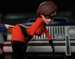 1boy 1girls 3d 3d_(artwork) anal_fingering aurora_polites bent_over blender blender_(software) bodysuit brown_eyes bullying busy car disney elastigirl eye_mask eyemask female female_focus fingering hand_on_leg helen_parr hesitant interrupted long_gloves looking_back male mask masked_female mavixtious milf non-nude parking_lot picking_up pinup_pose pixar smooth_skin superhero_costume superheroine surprised the_incredibles through_clothes tight_clothes tight_clothing ubermachineworks unseen_male_face