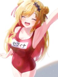 1girls arm_up armpit bare_armpit bare_shoulders belly_bulge belly_button big_breasts blonde_hair blush blush_lines cleavage closed_eyes closed_eyes esoragoto exposed_armpit exposed_shoulders hair_bun happy happy_face light_blush medium_breasts navel nijisanji nijisanji_kr one-piece_swimsuit open_mouth red_swimsuit school_swimsuit seffyna solo solo_female solo_focus swimsuit swimwear tied_hair twin_buns virtual_youtuber x_hair_ornament yellow_hair